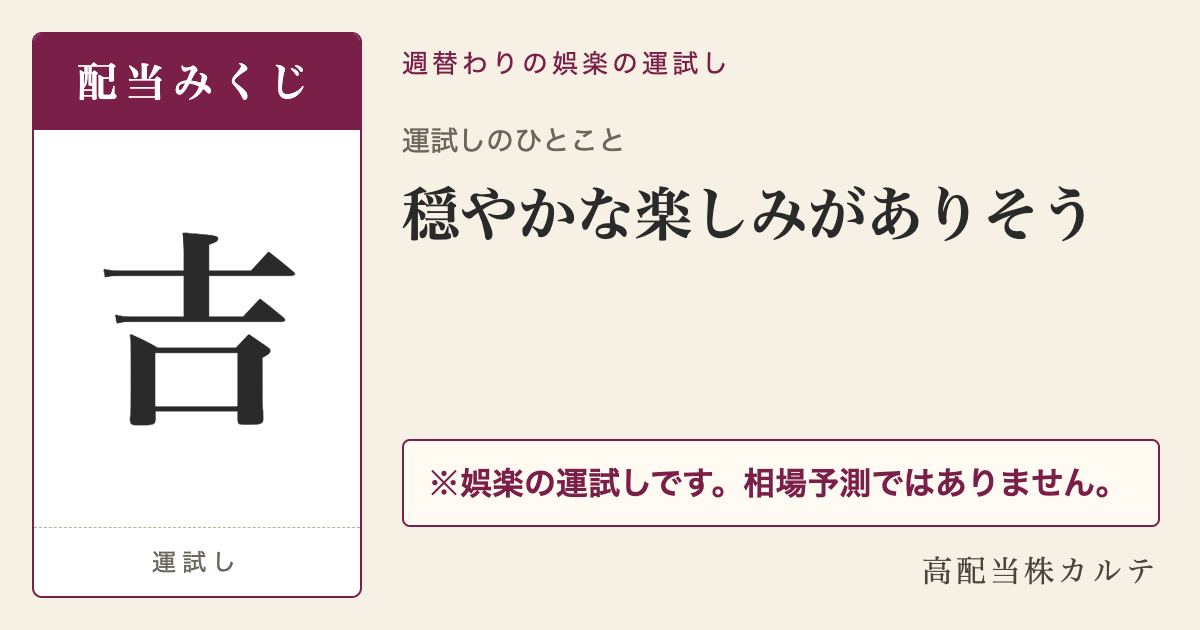 配当みくじの札「吉」。運試しのひとこと「穏やかな楽しみがありそう」。娯楽の運試しです。相場予測ではありません。